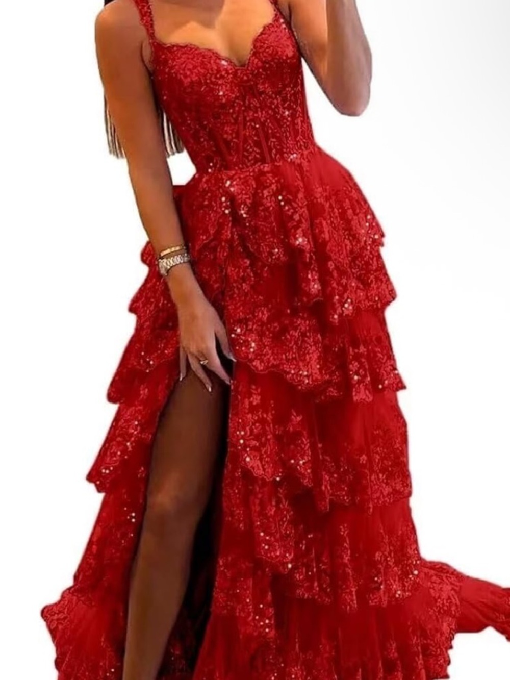 Red Tiered Lace Evening Gown - Women's Formal Dress